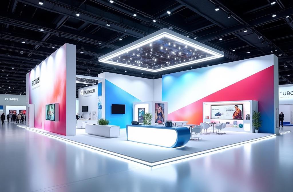 Modern exhibition stand design with bright lighting and bold graphics, representing innovation and success.