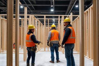 Image showing the construction process of an exhibition booth with professional builders.