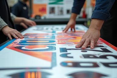 Image showing large format graphic prints being prepared or installed for an exhibition stand.