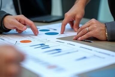 Image depicting project managers collaborating on a timeline or blueprint.