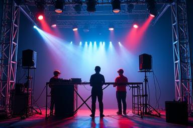 Image illustrating professional lighting and AV equipment setup at an exhibition booth.